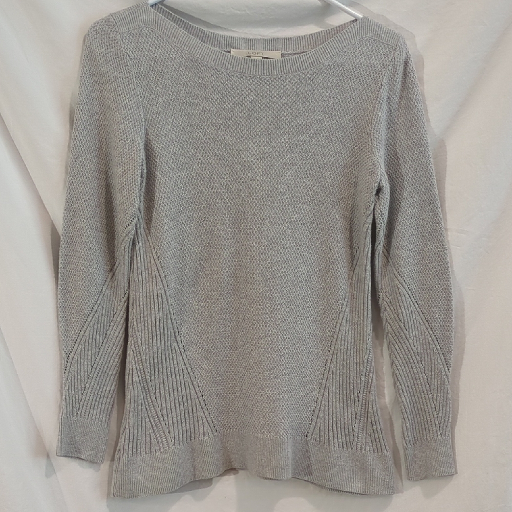 LOFT | Pointelle Stitched Cotton Sweater Pullover Grey Long Sleeve | XS